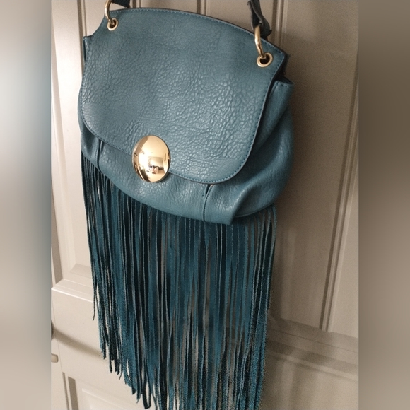 Vieta Fringed Blue Pebbled Leather Crossbody Purse with leather fringe - Picture 11 of 13